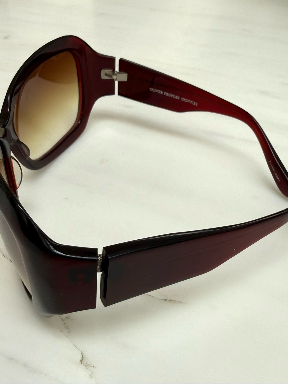 Oliver Peoples Oversized Burgundy Frame Sunglasses with Brown Gradient Lenses - Picture 3 of 6